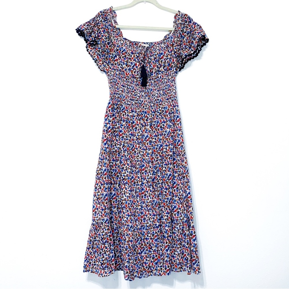 Tory Burch Wildflower Floral Tiered Off shoulder Smoked Navy piping Midi Dress S - Picture 7 of 17